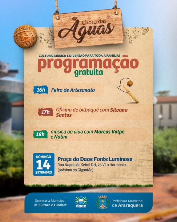 Choro das Águas neste domingo (14) com música, feira de artesanato e oficina infantil de bilboquê