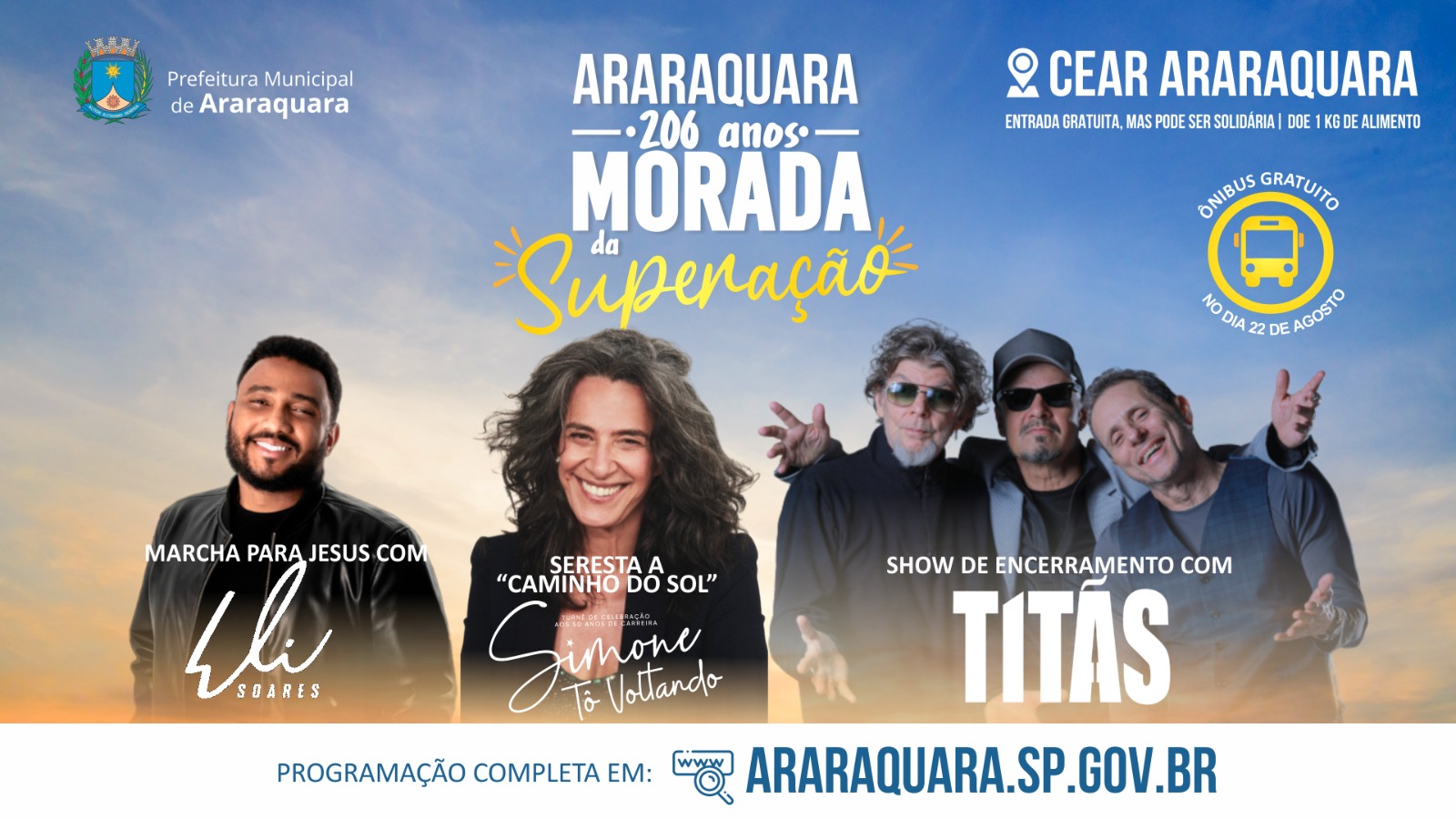 Titãs e Simone confirmados no aniversário dos 206 anos de Araraquara