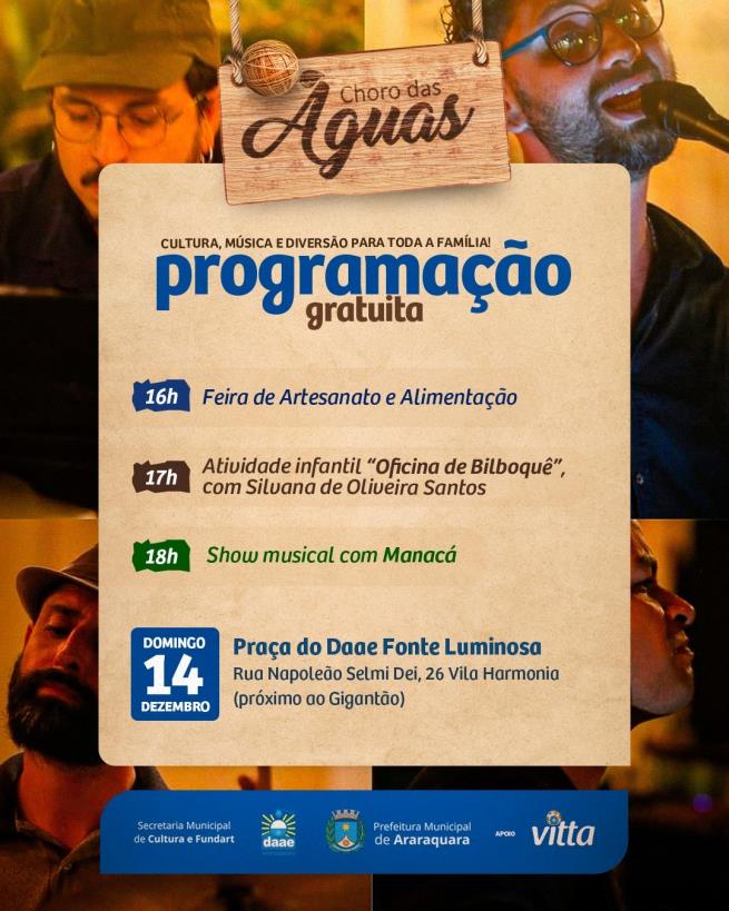 Choro das Águas reúne feira, oficina infantil e música neste domingo (14)