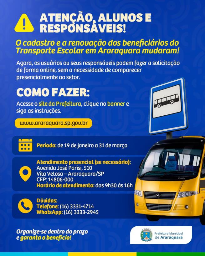Começa na segunda-feira (19) o cadastro para transporte escolar em Araraquara