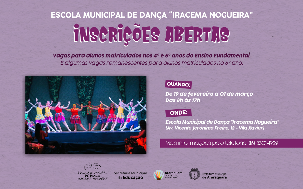 Hoje (19): começam inscrições para a Escola Municipal de Dança Iracema Nogueira