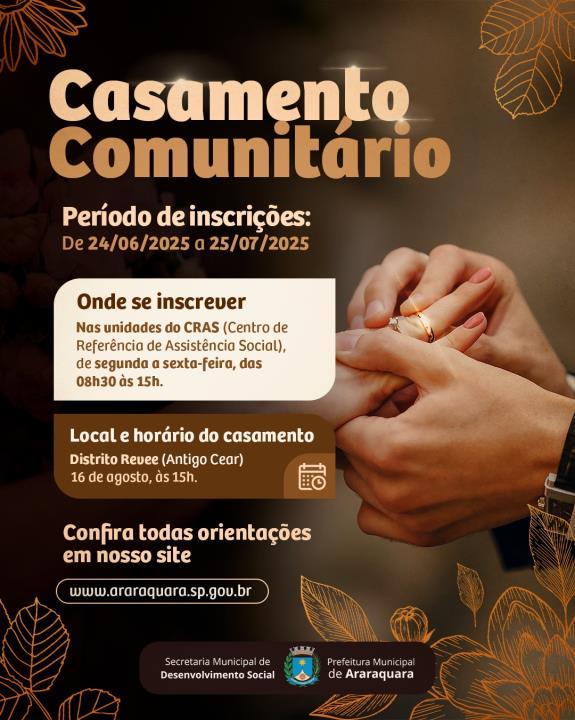 Prefeitura abre inscrições para casamento comunitário gratuito