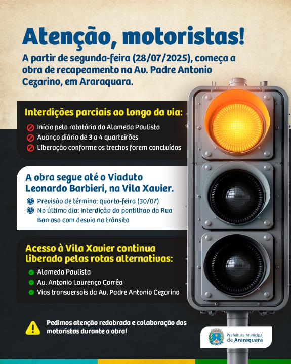 Recapeamento da Av. Padre Antonio Cezarino começa nesta segunda (28)