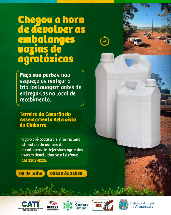 Araraquara realizará recebimento itinerante (RI) de embalagens de defensivos agrícolas no Assentamento Bela Vista do Chibarro