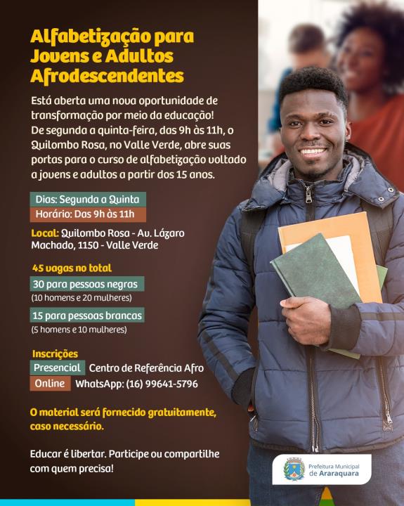 Quilombo Rosa oferece curso de alfabetização para jovens e adultos afrodescendentes