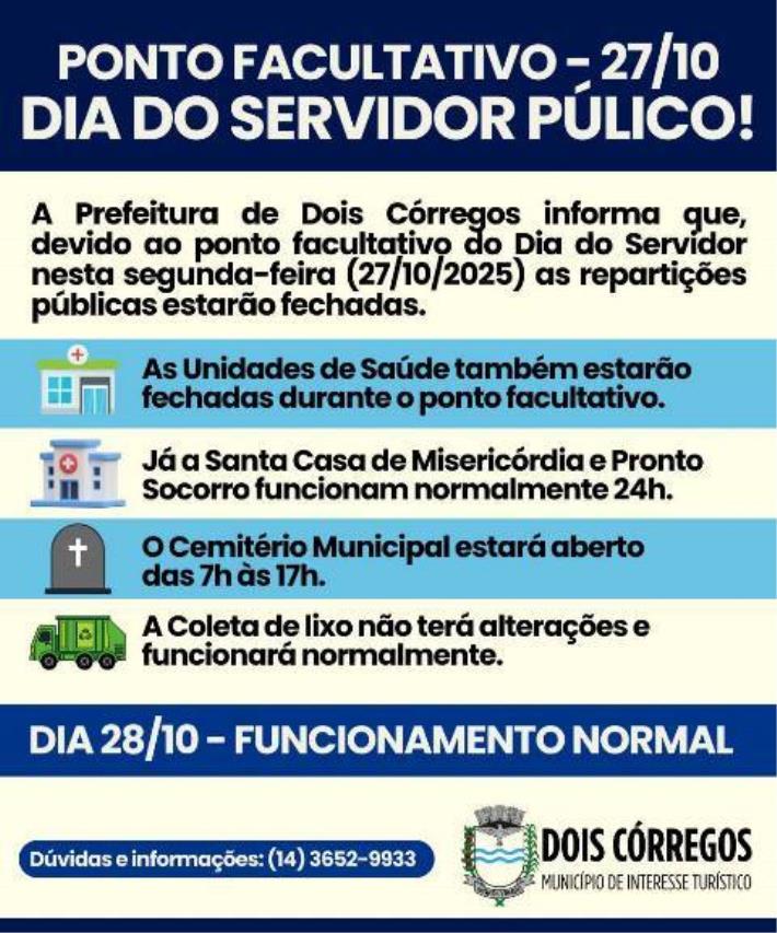 PONTO FACULTATIVO – DIA DO SERVIDOR PÚBLICO! - Prefeitura de Dois Córregos