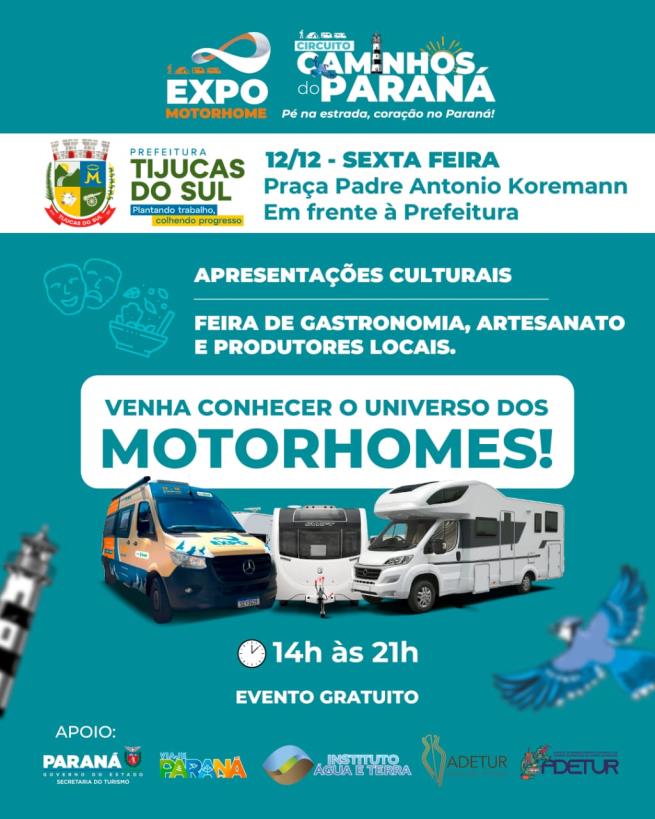 A PREFEITURA DE TIJUCAS DO SUL CONVIDA A COMUNIDADE PARA O EXPO MOTORHOME, ESTA SEXTA-FEIRA 12.12.2025