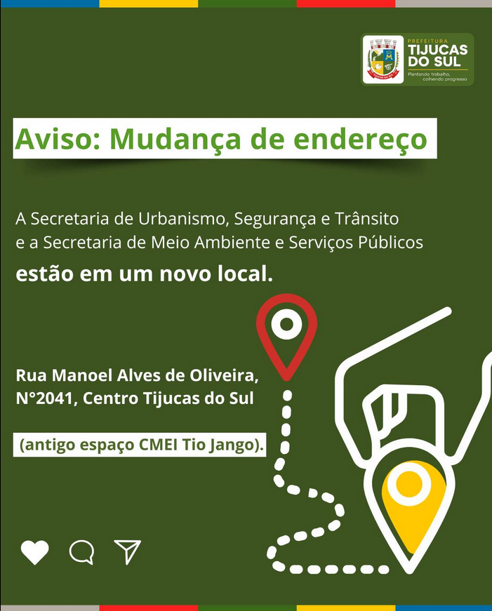 ATENÇÃO PARA MUNDANÇA DE ENDEREÇO DAS SECRETARIAS DE URBANISMO, SEGURANÇA E TRÂNSITO E MEIO AMBIENTE E SERVIÇOS PÚBLICOS.