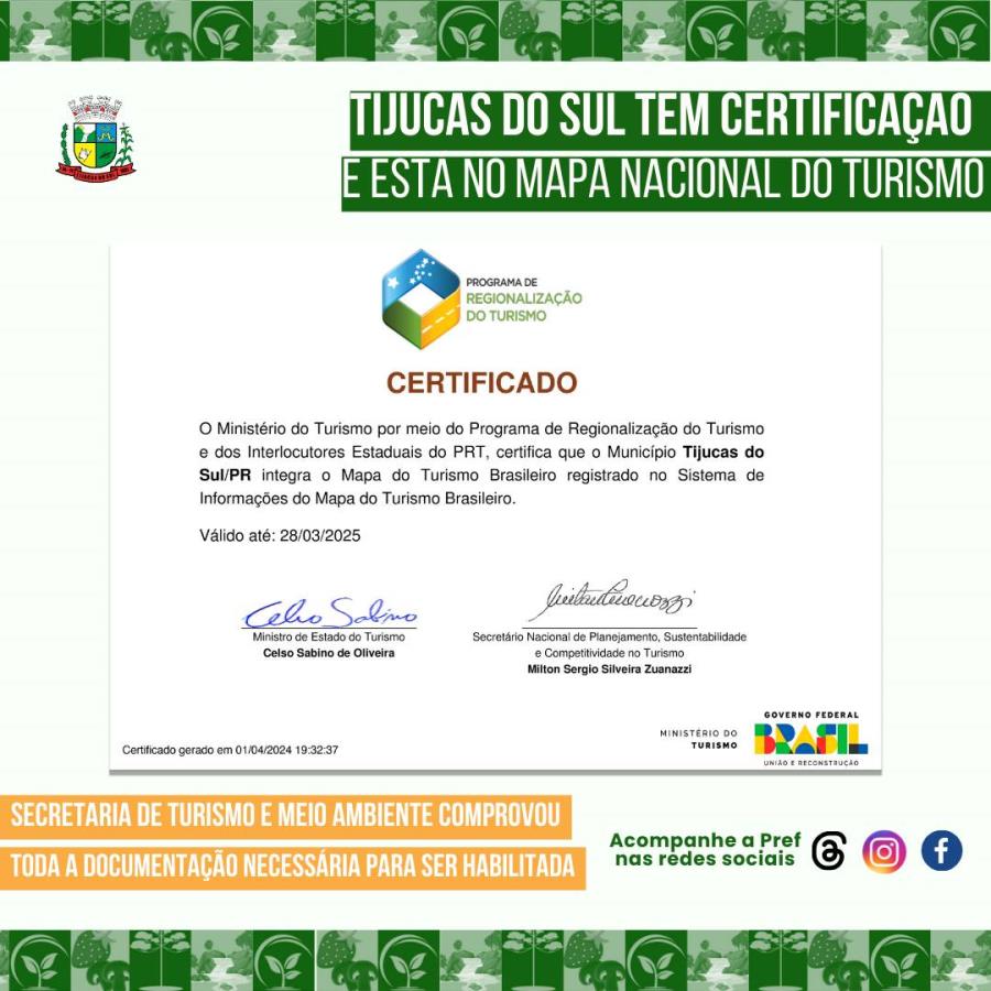 Certificado da Secretaria de Turismo