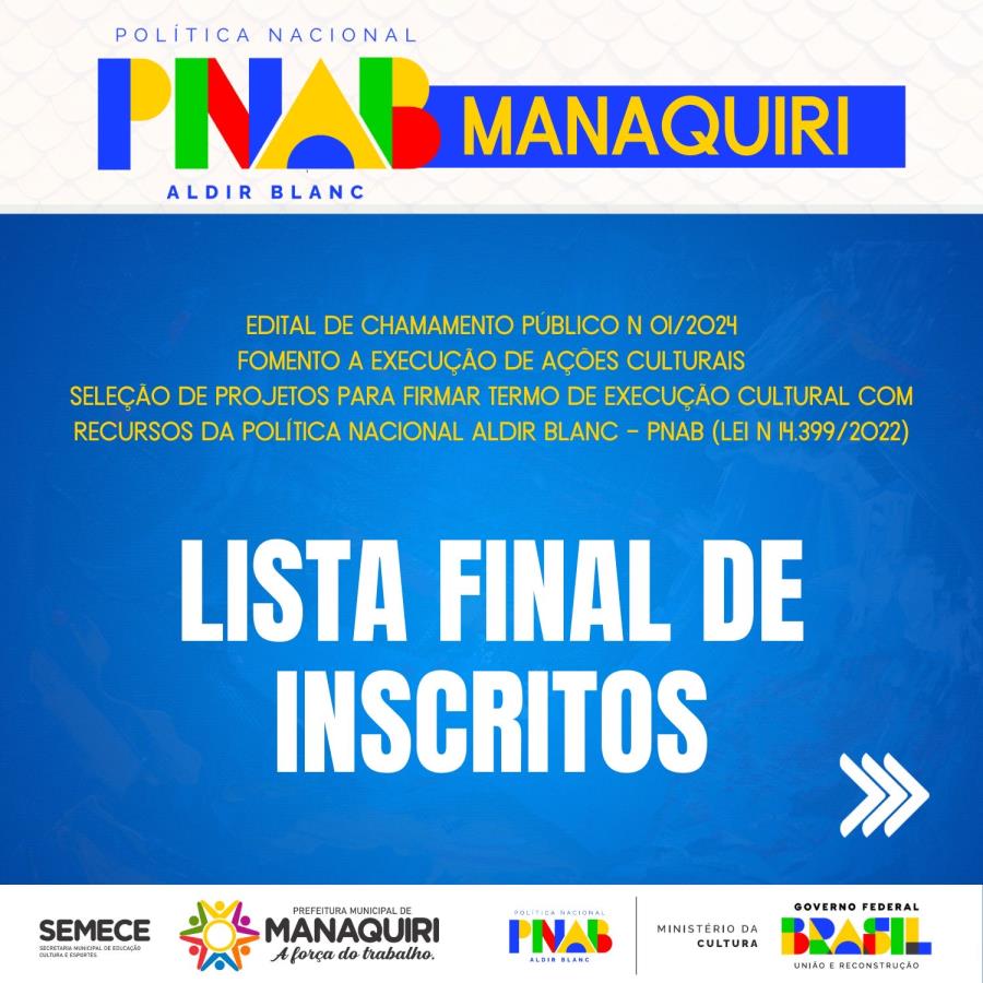 Lista Final de Inscritos - Recursos da Política Nacional Aldir Blanc.  Edital de Chamamento Público Nº 01/2024.