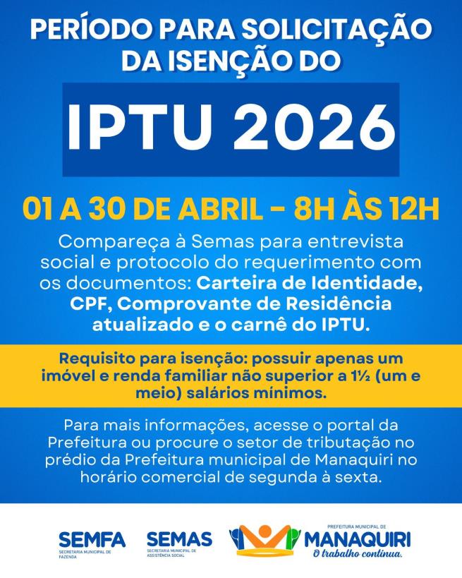 IPTU 2026: prazos e isenção em Manaquiri.