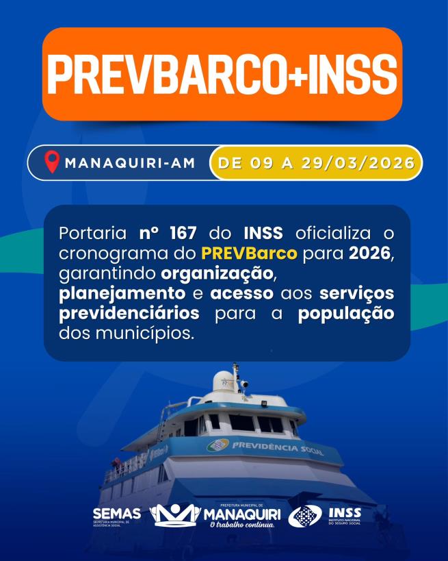 Manaquiri receberá atendimento do PREVBarco entre 9 e 20 de março de 2026