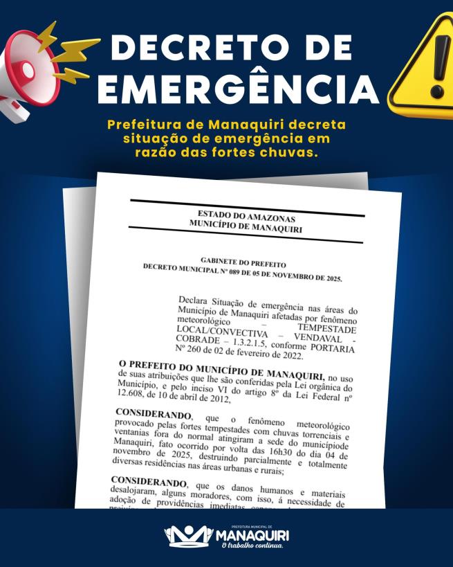 Situação de Emergência em razão das fortes chuvas