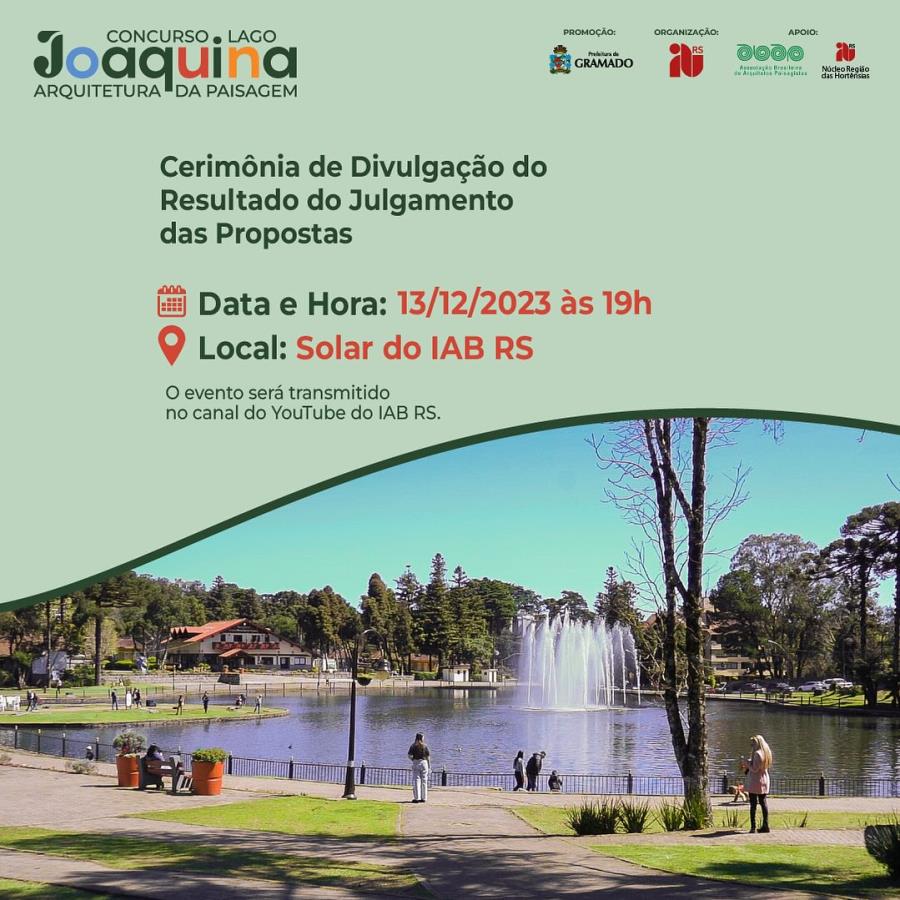 Resultado do julgamento do concurso de arquitetura da paisagem para requalificação do entorno do Lago Joaquina Rita Bier será divulgado no dia 13/12