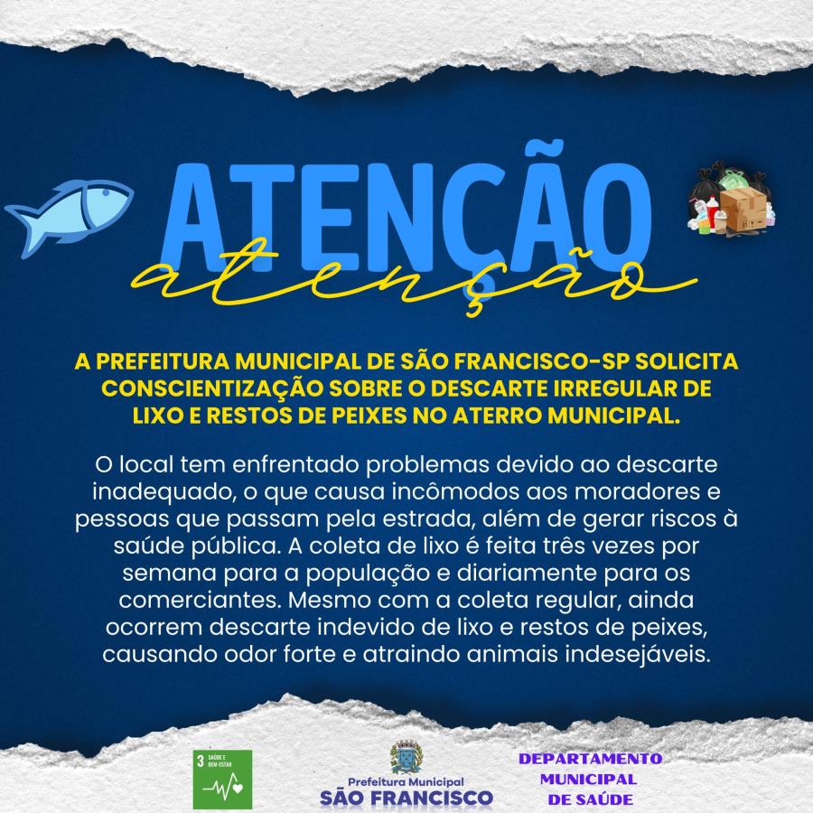 Prefeitura pede conscientização sobre descarte irregular de lixo e de restos de peixes no aterro municipal