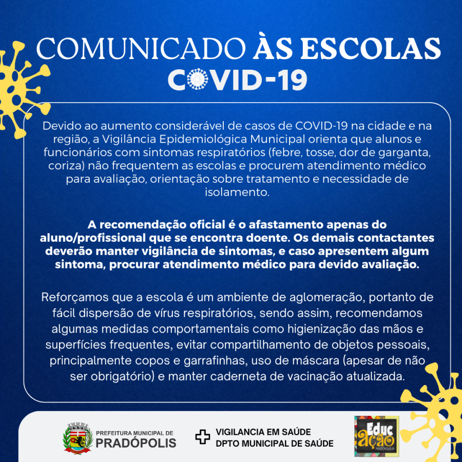 COMUNICADO ÀS ESCOLAS- COVID-19