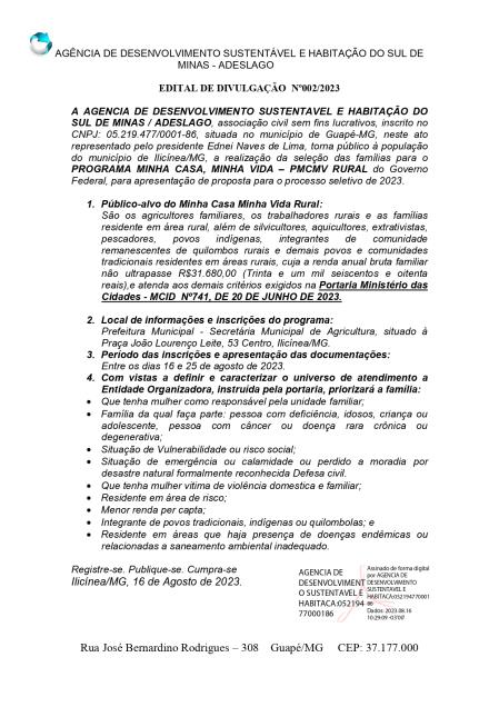 ATRAVÉS DA ADESLAGO EDITAL DE DIVULGAÇÃO Nº002/2023 PROGRAMA MINHA CASA, MINHA VIDA – PMCMV RURAL