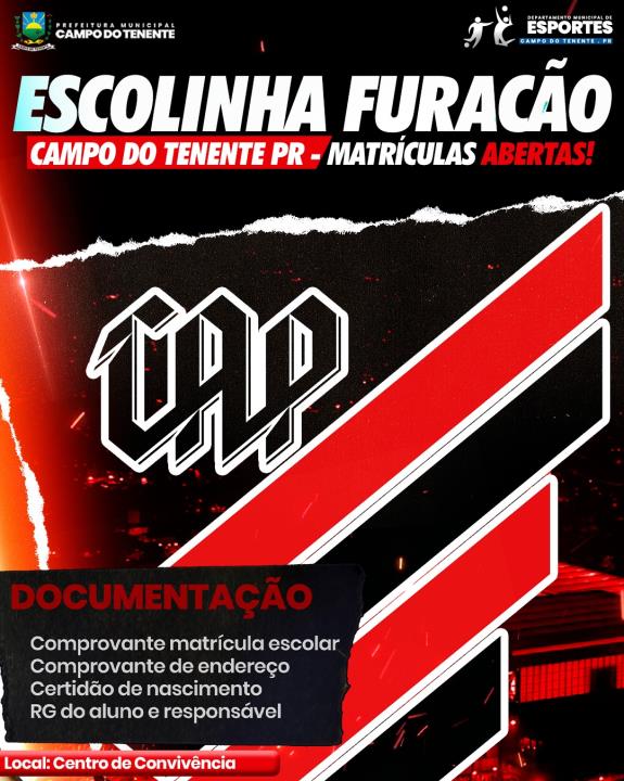 Abertas as inscrições para a ESCOLA FURACÃO do Athletico Paranaense, em Campo do Tenente.