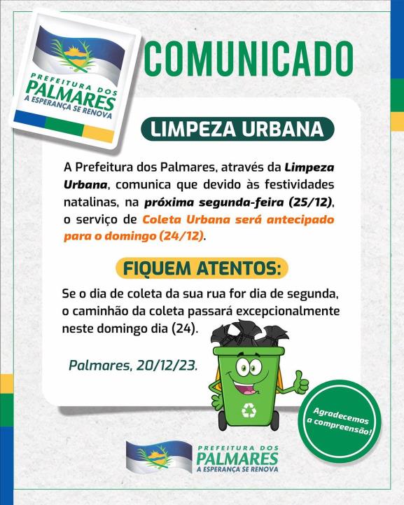 Comunicado da Limpeza Urbana de fim de ano