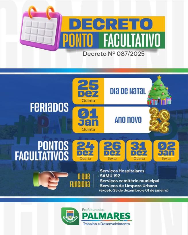 Decreto nº 087/2025 define feriados e pontos facultativos no período de fim de ano em Palmares