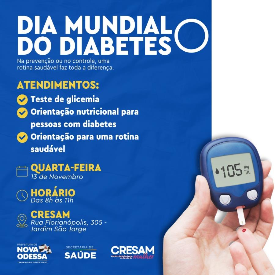 CRESAM da Prefeitura de Nova Odessa marca Dia Mundial do Diabetes com exames gratuitos nesta 4ª-feira