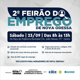 Prefeitura promove 2° Feirão do Emprego no próximo sábado, dia 23; 50 empresas e 800 oportunidades
