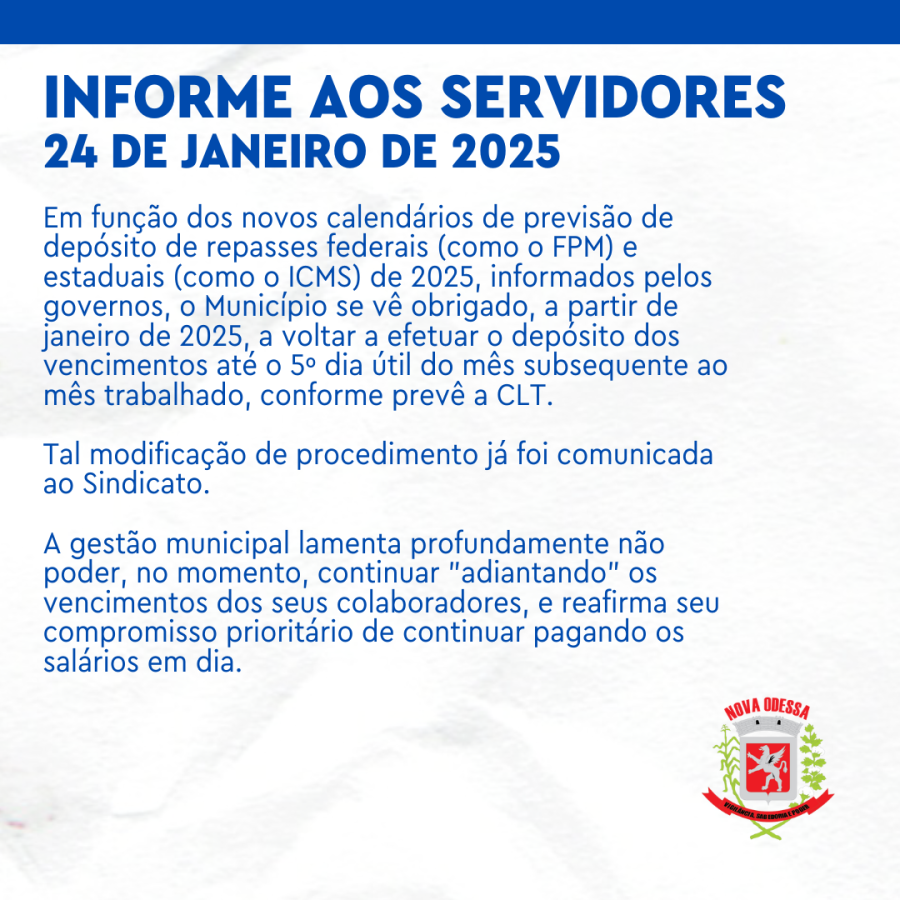 Informe aos servidores municipais: depósito dos salários volta a ser feito no 5º dia útil