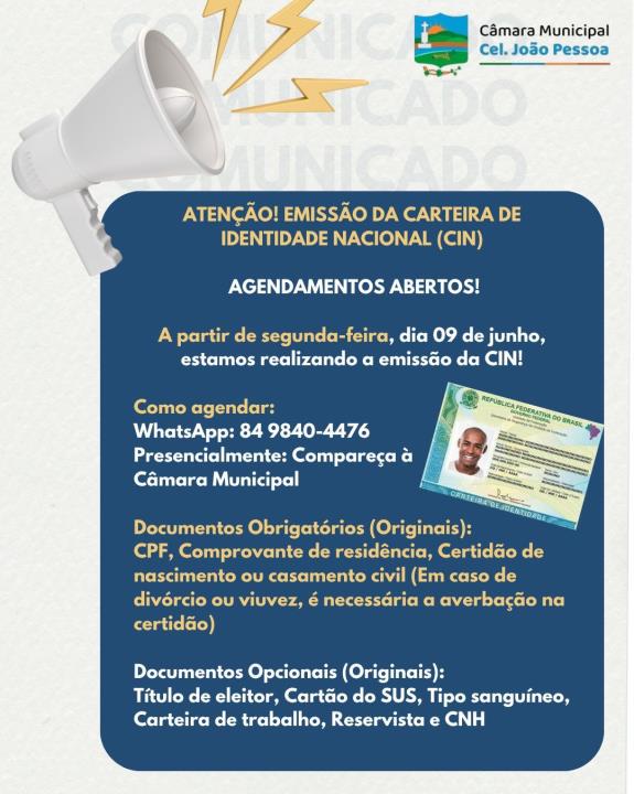 📢 Emissão da CIN (Carteira de Identificação Nacional)