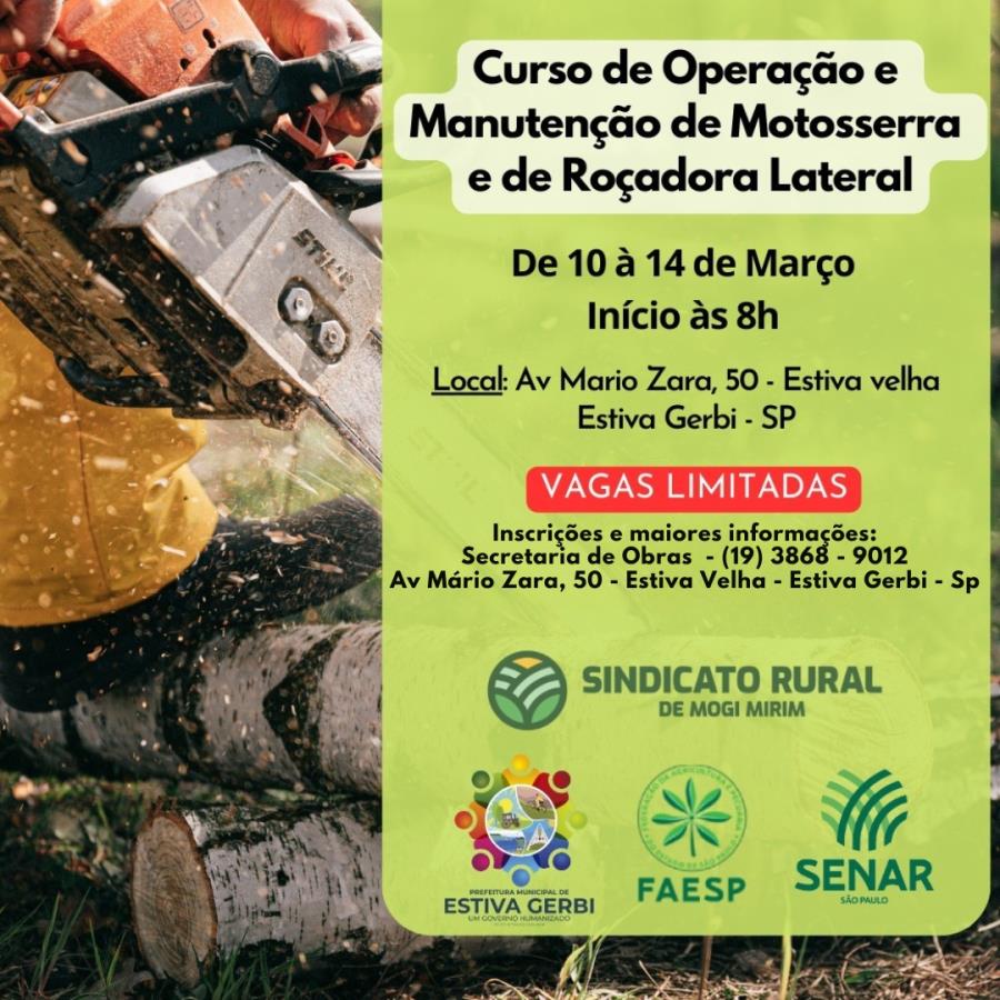 INSCRIÇÕES PARA CURSO DE OPERAÇÃO  E MANUTENÇÃO DE MOTOSERRA E  DE ROÇADORA LATERAL.
