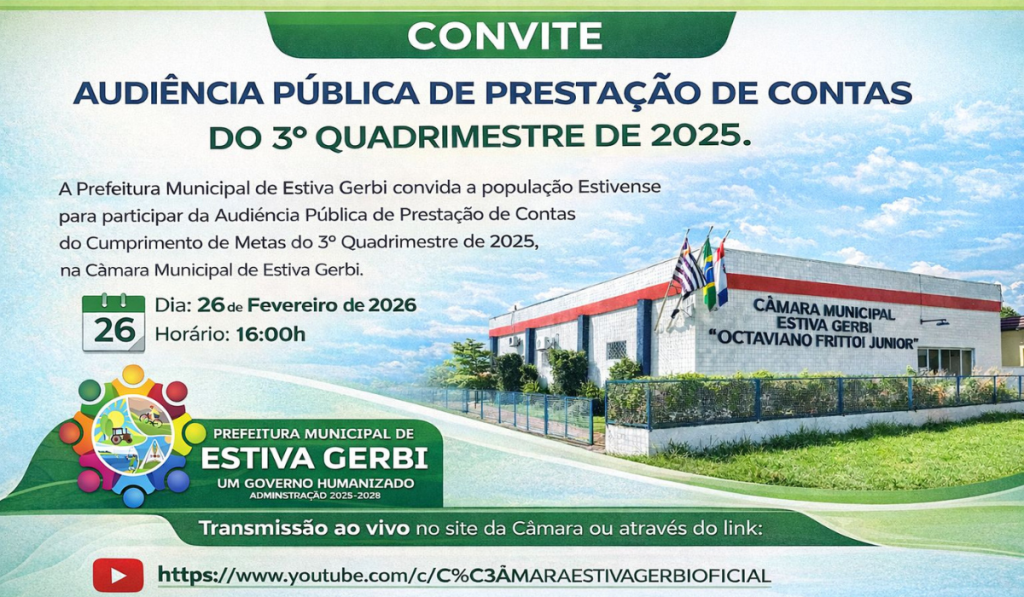 CONVITE AUDIÊNCIA PÚBLICA DE PRESTAÇÃO DE CONTAS DO 3º QUADRIMESTRE DE 2025.