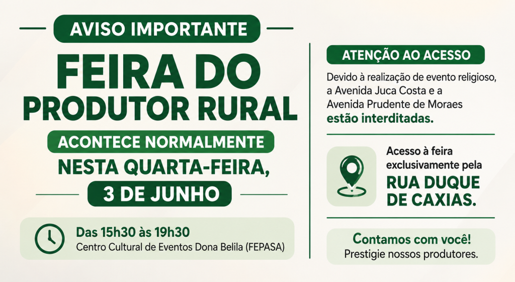 Feira do Produtor acontece normalmente hoje, 03 de junho