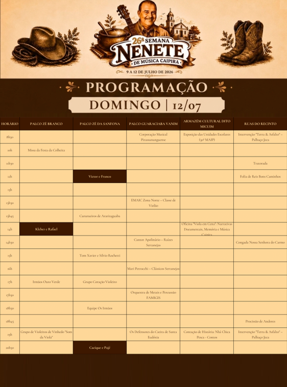 Alterações na programação do dia 12/07 - Semana Nenete de Música Caipira