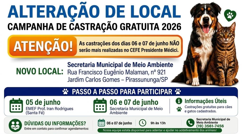 ATENÇÃO: alteração de local das castrações de cães e gatos