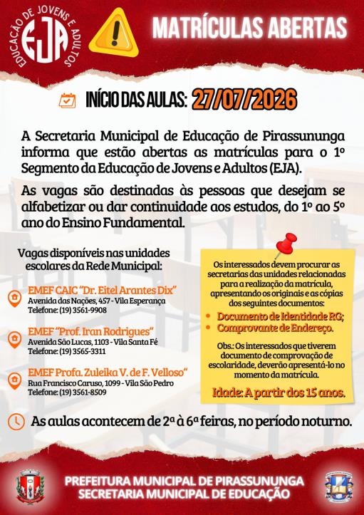 Matrículas abertas para a EJA 2026