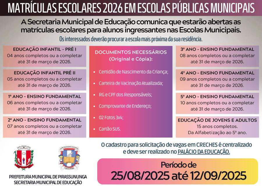 Matrículas escolares para 2026 na rede municipal