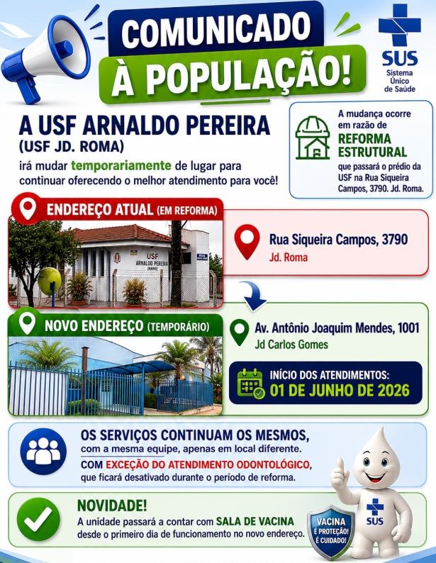 Atenção: alteração temporária de endereço da USF Arnaldo Pereira