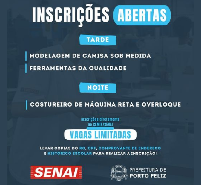 O Centro Municipal de Iniciação Profissional “Roberto Moreau” (CEMIP/SENAI) de Porto Feliz está com vagas gratuitas e limitadas