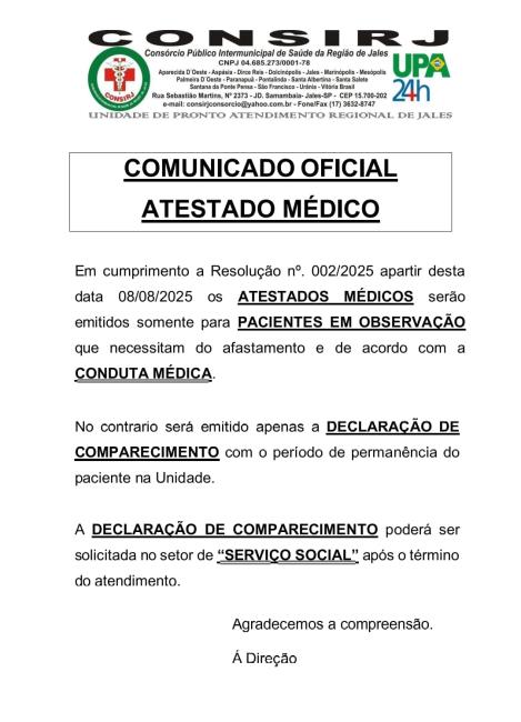 COMUNICADO OFICIAL - ATESTADO MÉDICO