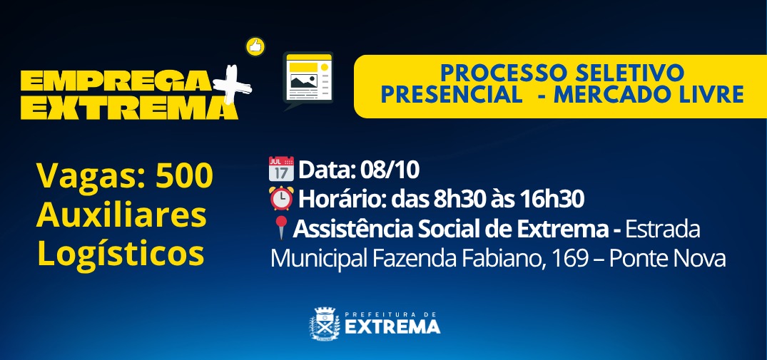 Programa ‘Emprega + Extrema’ anuncia 500 vagas de auxiliar logístico no Mercado Livre e abre processo seletivo presencial no dia 8 de outubro