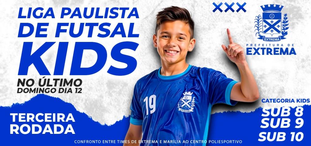 Terceira rodada da Liga Paulista de Futsal Kids leva confronto entre times de Extrema e Marília ao Centro Poliesportivo