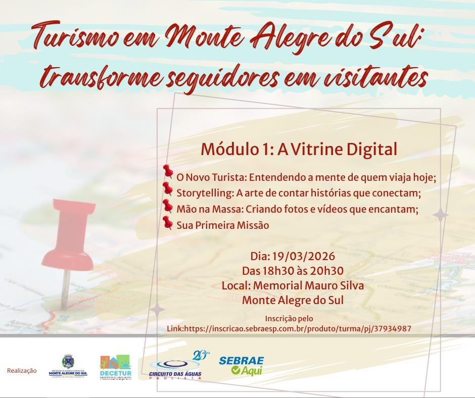 Capacitação “Turismo em Monte Alegre do Sul: transforme seguidores em visitantes” acontece no dia 19 de março