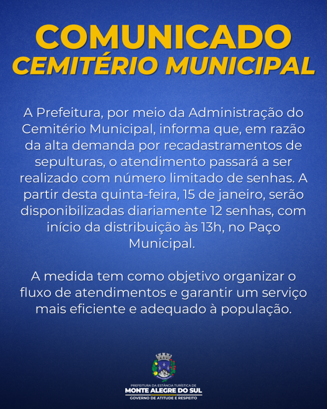 Atenção: Recadastramento de sepulturas terá senhas limitadas em razão da alta demanda