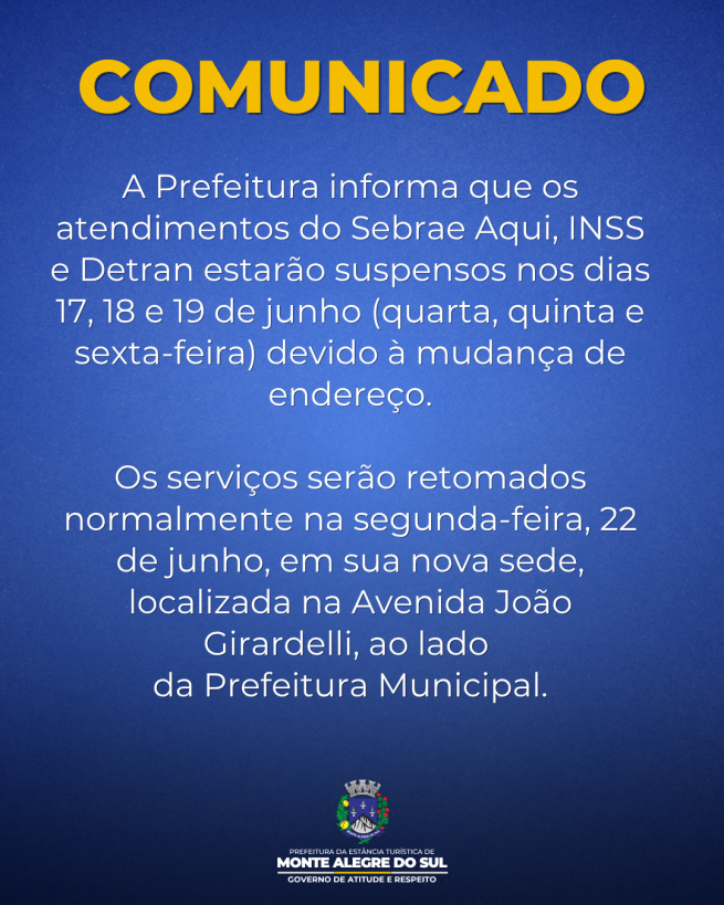 Comunicado- Sebrae Aqui, INSS e Detran