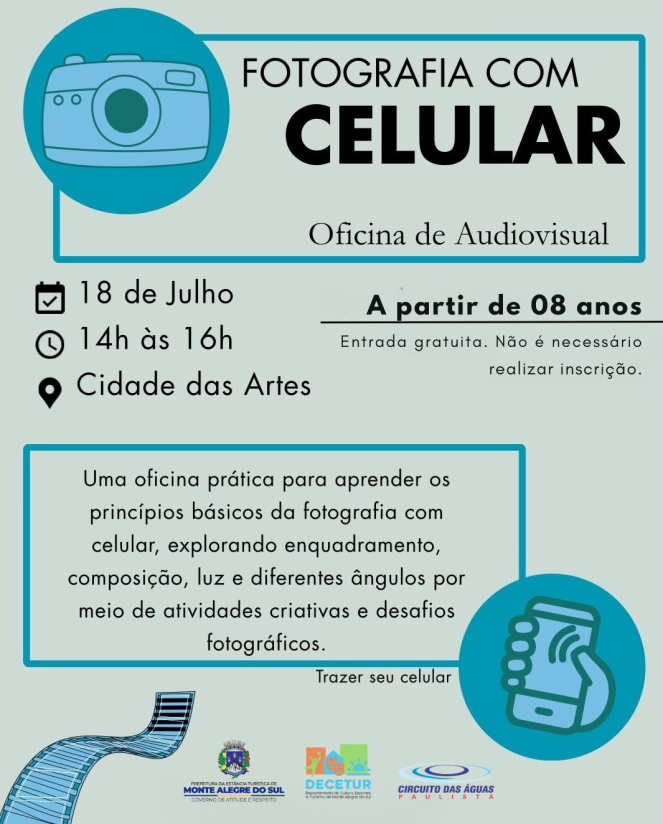 Oficina gratuita de fotografia com celular integra programação do Julho Cultural em Monte Alegre do Sul