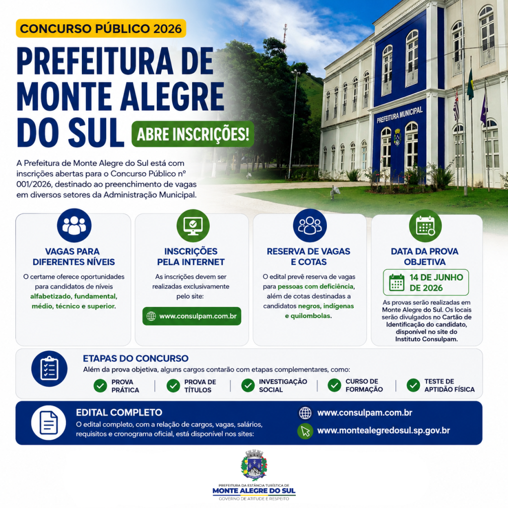 Prefeitura de Monte Alegre do Sul abre inscrições para Concurso Público