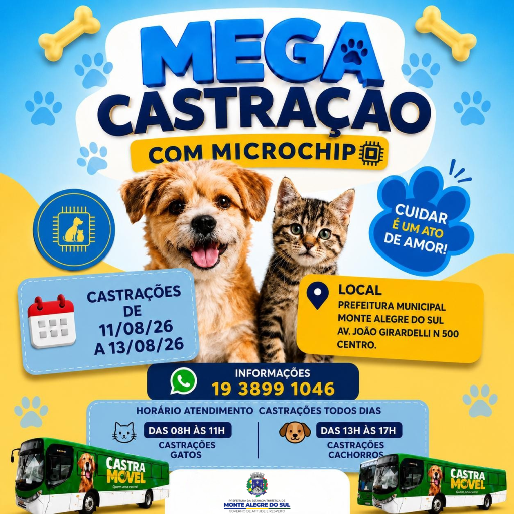 Monte Alegre do Sul realizará Mega Castração com Microchip entre os dias 11 e 13 de agosto