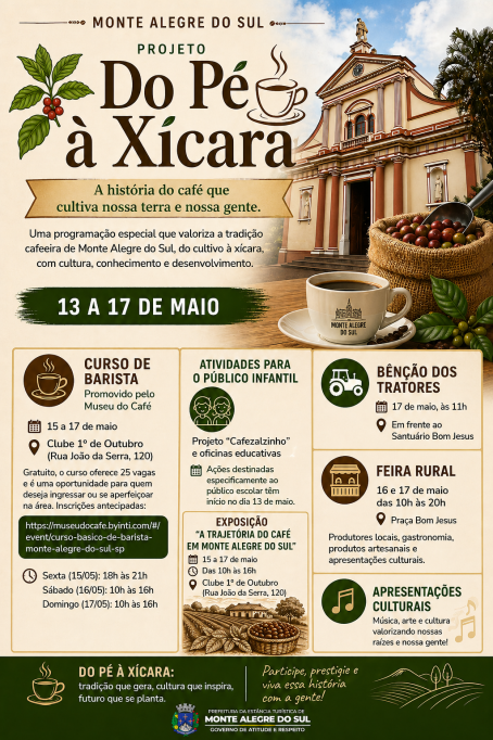 “Do Pé à Xícara” valoriza a tradição cafeeira com programação cultural, educativa e rural em Monte Alegre do Sul
