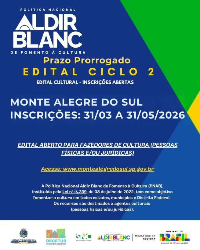 Monte Alegre do Sul prorroga inscrições para o Edital Aldir Blanc (PNAB Ciclo 2)