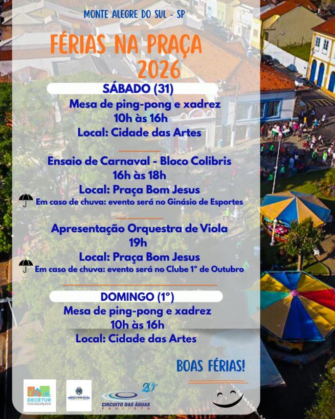 Projeto Férias na Praça oferece atrações gratuitas para a família neste sábado (31/01) e domingo (01/02)