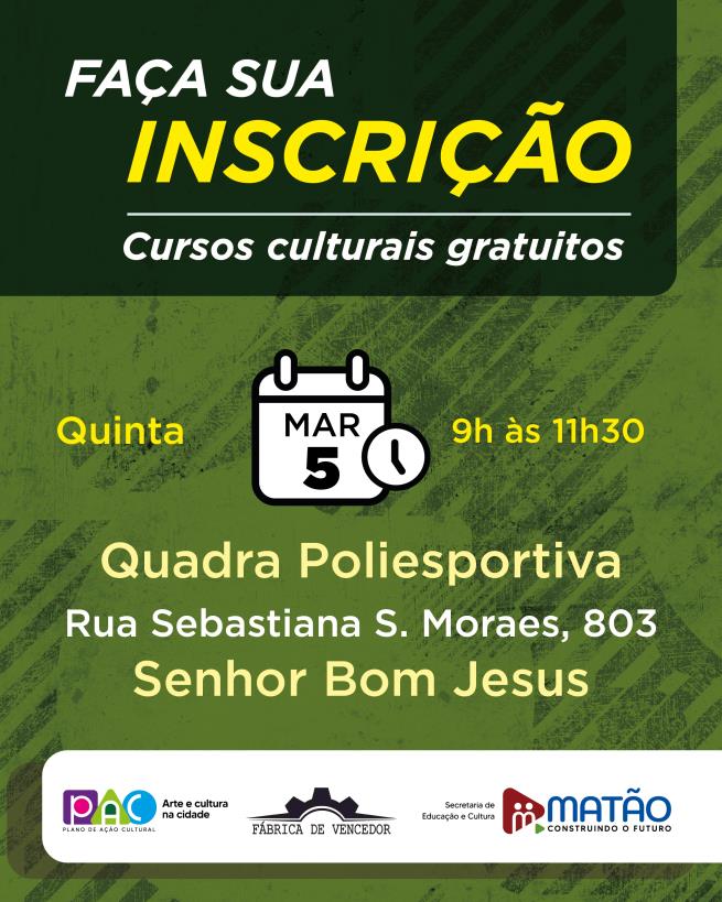Prefeitura de Matão realiza inscrições presenciais para o PAC — Plano de Ação Cultural no bairro Senhor Bom Jesus.